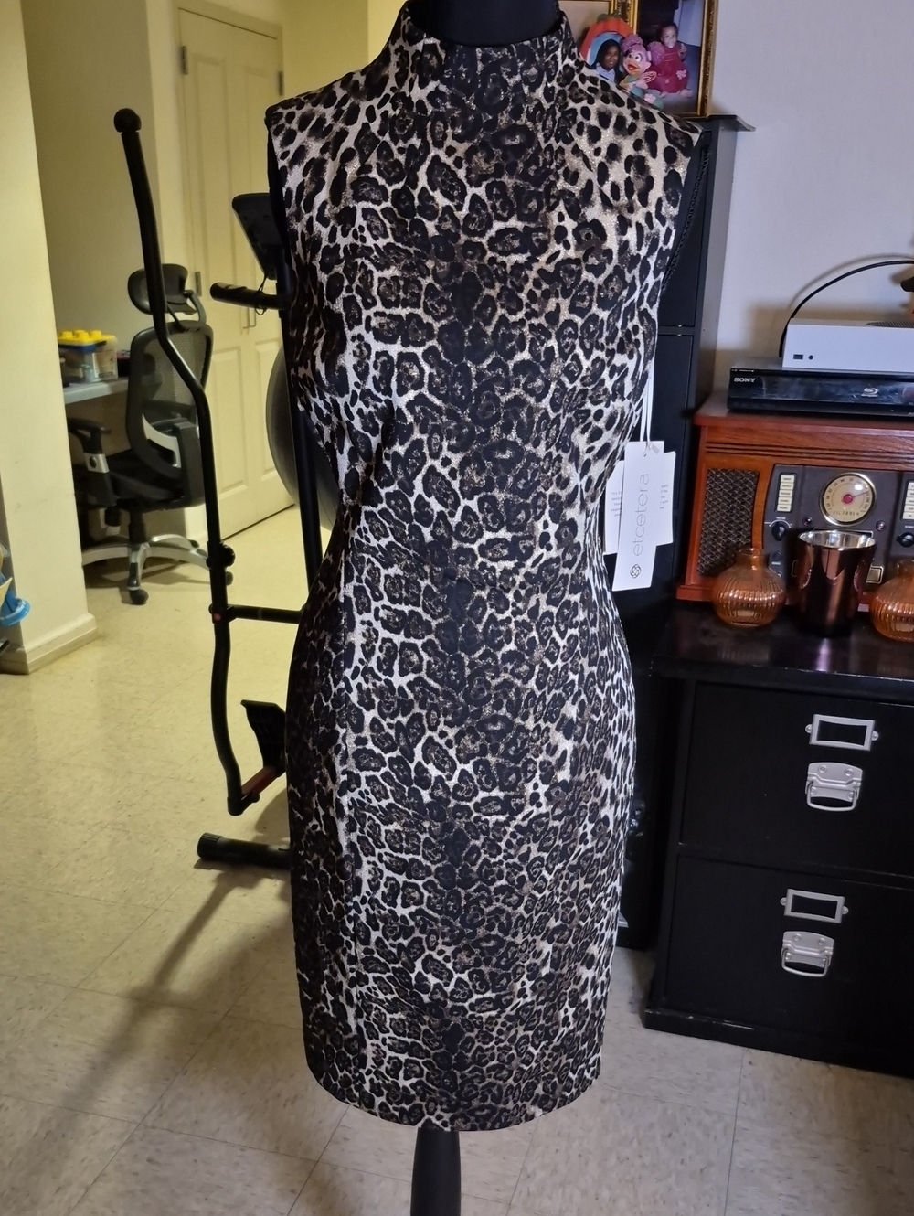 Etcetera Black and Cream Leopard-Print Midi Dress With Gold Metallic Threads